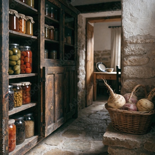 Rustic farmhouse pantry with weathered wooden cabinet, glass jars of preserves, stone walls, and basket of root vegetables in warm natural light, authentic country kitchen storage scene