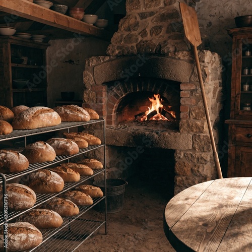 Traditional rustic bakery kitchen with wood fired bread oven in a stone wall, glowing flames, wooden peel, and rows of crusty artisan loaves cooling on racks in warm farmhouse light