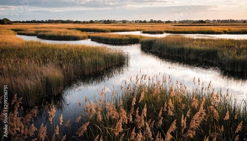 Golden marshland water channels at sunset with tall reeds, reflective wetlands, winding open pools, distant tree line and tranquil evening light across a wild coastal estuary landscape in summer