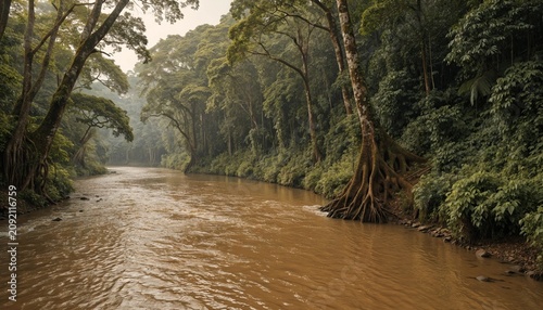 Muddy tropical rainforest river winding through dense green jungle canopy, exposed roots, misty humid air and remote wilderness atmosphere in soft hazy daylight for ecology and conservation themes