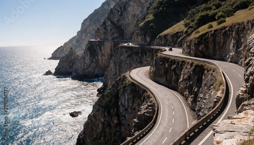 Dramatic winding coastal road carved into steep seaside cliffs above sparkling blue water, sharp curves, guardrails and sunlit rock faces on a scenic Mediterranean travel route under clear sky