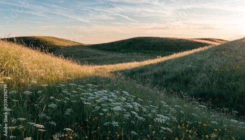 Rolling summer meadow glowing in late golden light, swaying grasses, wildflowers and soft hills under a warm fading sky, peaceful rural prairie landscape at dusk with natural serenity and open space