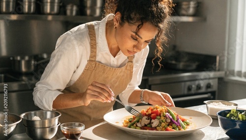 Chef carefully plating a vibrant vegetable stir fry in a sunlit professional kitchen, arranging mushrooms, peppers, carrots and greens with refined culinary precision and warm gourmet atmosphere