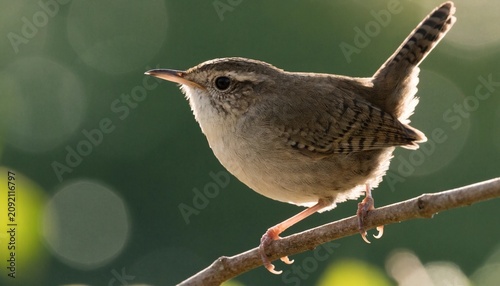 Tiny wren with cocked tail perched on a slender twig, detailed brown feathers glowing in soft morning light against creamy green bokeh, intimate wildlife portrait of a lively songbird