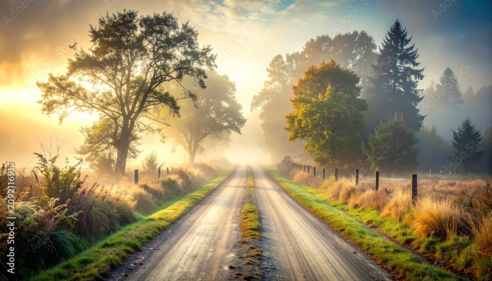 Obraz premium Rural gravel road through misty trees at golden sunrise.