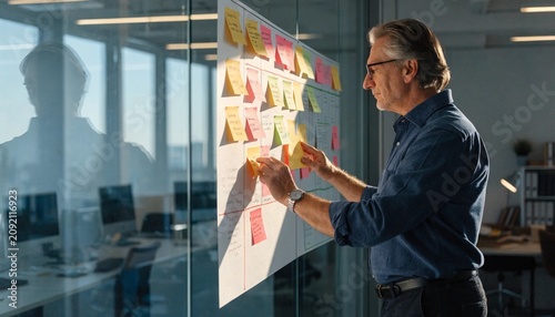 Experienced manager updating a printed project board with colorful sticky notes on a glass wall, bright office light, reflection, agile planning workflow, and focused corporate strategy session