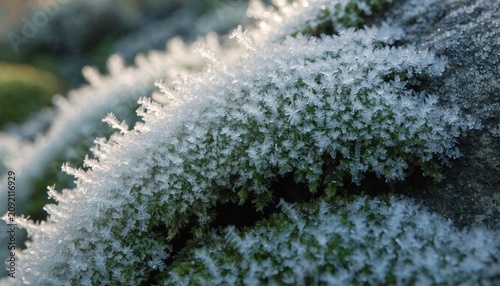 Frost crystals covering green moss on rugged rock in cold soft light, macro winter nature close-up with sparkling ice texture, frozen woodland detail, seasonal resilience and quiet beauty