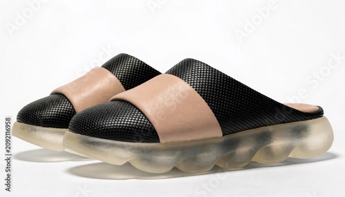 Modern black and blush slide slippers isolated on white with soft studio shadow, textured uppers, translucent sculpted soles, comfortable casual footwear for home, spa, resort, and fashion retail