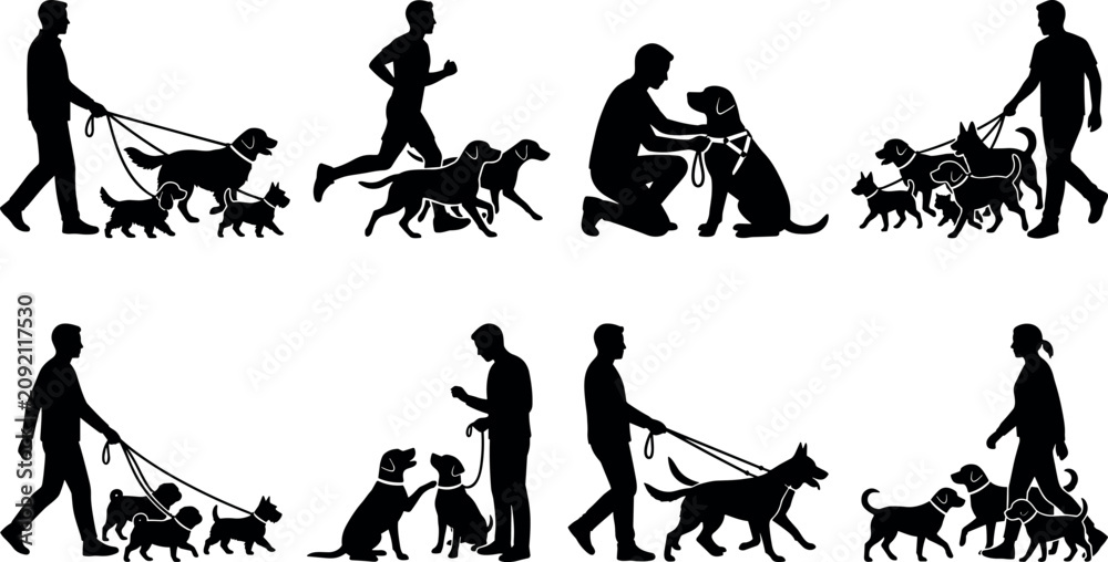 Fototapeta premium Professional dog walking and pet care vector silhouettes collection featuring people training and running with dogs