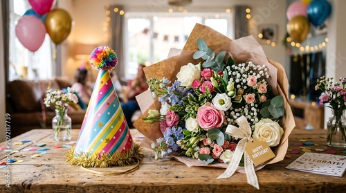 Colorful Birthday Flower Bouquet and Party Hat on Wooden Table in Festive Living Room