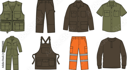 Collection of professional workwear, industrial uniforms, safety clothing, and utility apparel in flat vector style