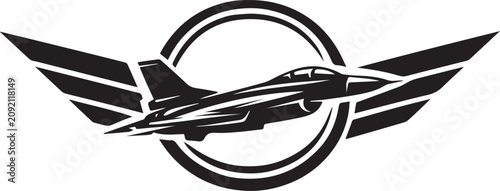 Military fighter jet plane emblem with wings and circle Vector, illustration