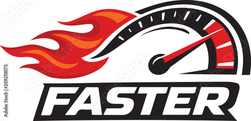 Tableau sur toile Speedometer icon with fire flames and faster text Vector, illustration