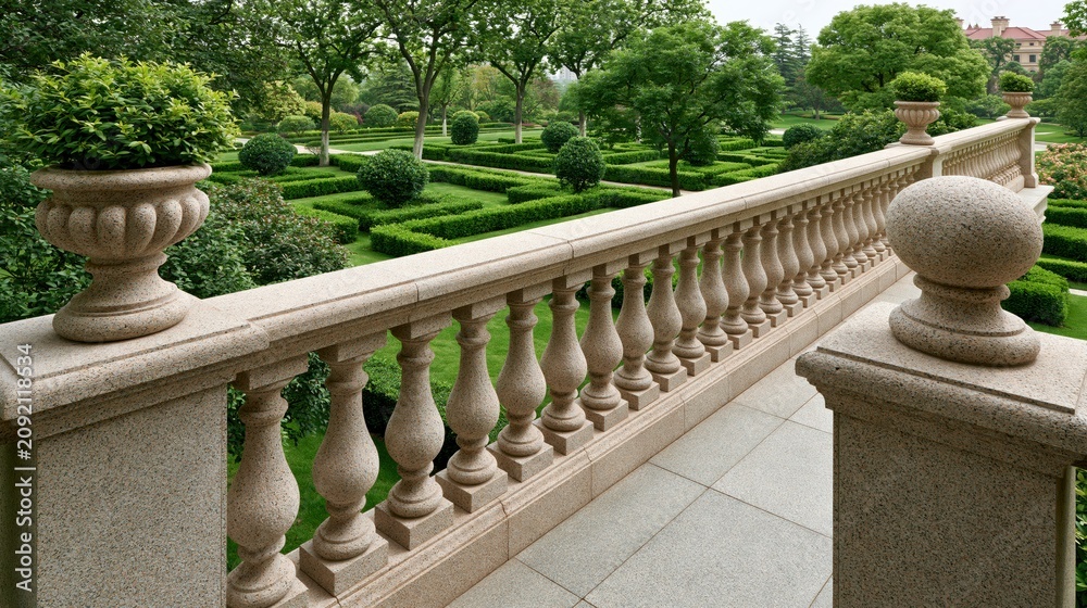 Fototapeta premium Elegant stone balcony railing overlooking a manicured garden with ornate balusters
