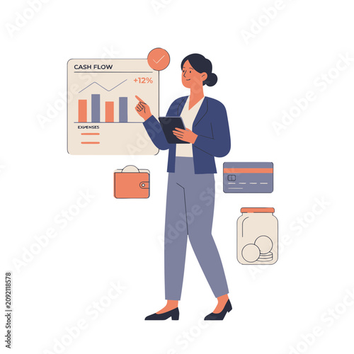 Woman analyzing cash flow chart with financial icons