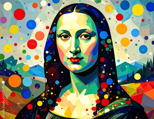 Vivid Abstract Woman Portrait Facing Forward in Colorful Geometric Landscape