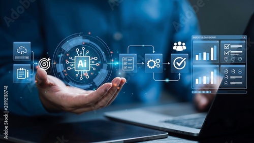 Businessman use AI artificial intelligence technology for business automation and data driven workflow optimization of AI system, machine learning, smart analytics, ai new 