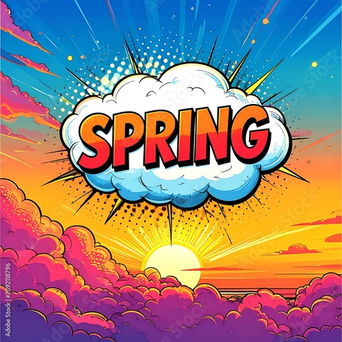 Vibrant Comic Spring Text Floating in Cloud Over Colorful Sunset Sky