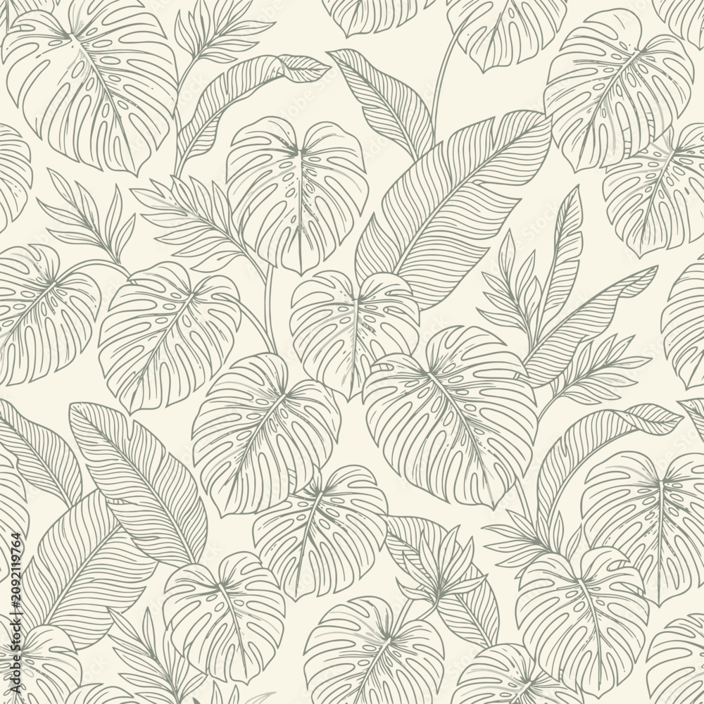 Fototapeta premium A seamless pattern featuring detailed hand drawn tropical foliage leaves