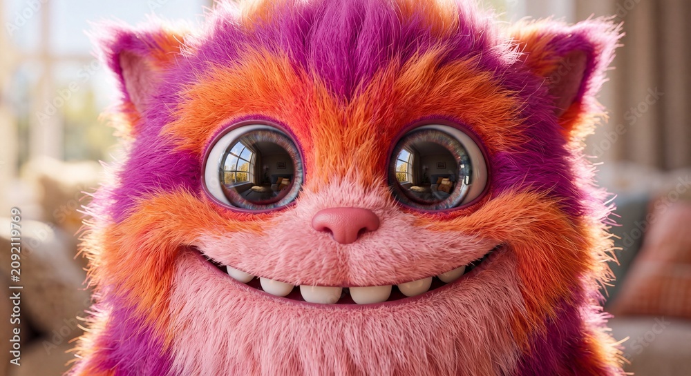 Fototapeta premium Cute Rainbow Furry Fantasy Creature Character with Giant Eyes and Playful Expression