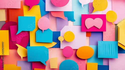 Colorful paper speech bubbles and shapes background.