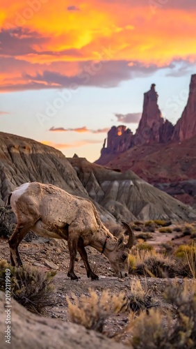 Wild Bighorn Sheep Grazing on Rocky Desert Slope at Colorful Sunset