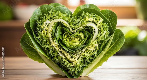 Fresh Green Lettuce Arranged in Heart Shape on Wooden Table