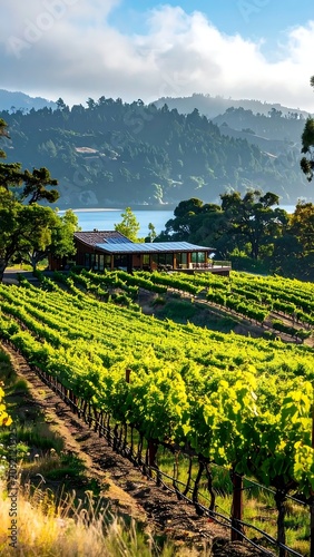 Sunlit Green Vineyard Rows Stretching Across Hillside Near Lake and Forested Mountains