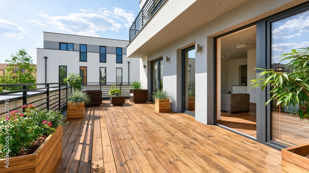 Fototapeta premium Modern wooden terrace with potted plants and city view