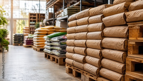 Stacked paper bags and bulk fertilizer soil sacks rest on wooden pallets inside a bright warehouse store for gardening and construction