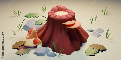Forest icon with grass and mushrooms. 3d render illustration.