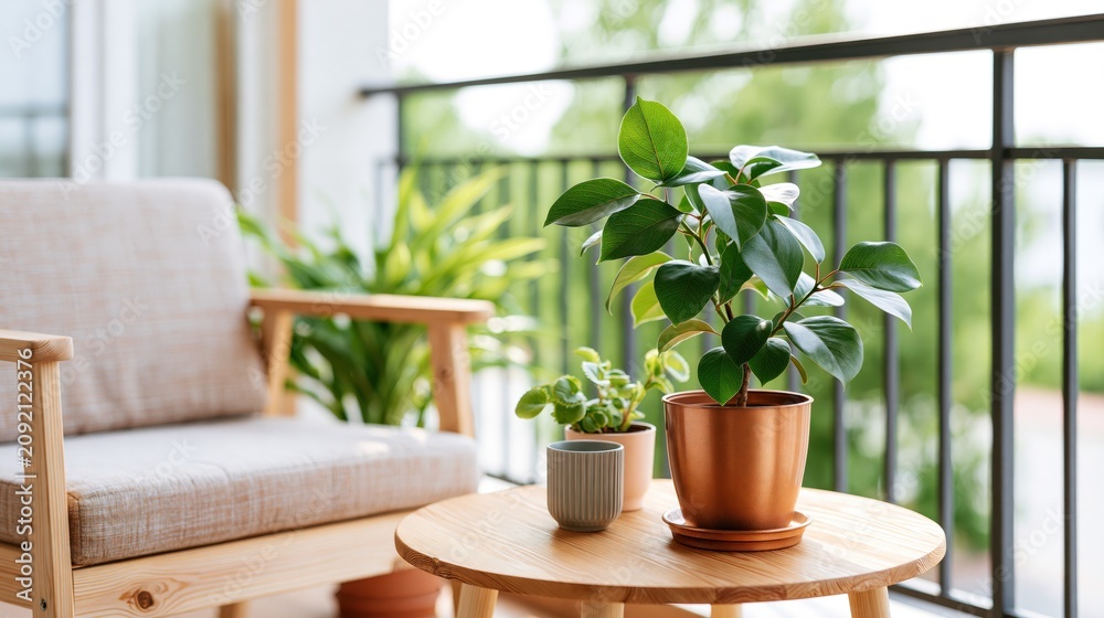 Fototapeta premium Cozy balcony seating area with potted plants and a small wooden table