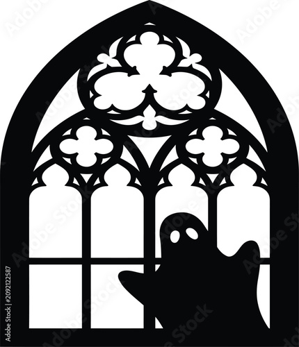 Tableau sur toile Gothic arch window silhouette with ghost illustration for halloween decorations