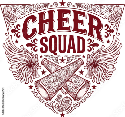 Cheer Squad Vintage Megaphone Emblem with Wings and Stars, Cheerleading Team Mascot Illustration