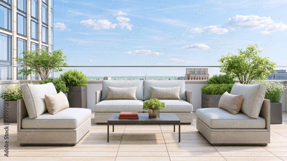 Fototapeta premium Chic urban balcony terrace with modern outdoor furniture and city views