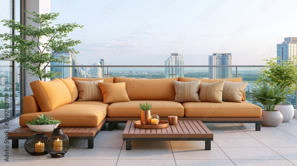Fototapeta premium Chic urban balcony terrace with orange sectional sofa and city views
