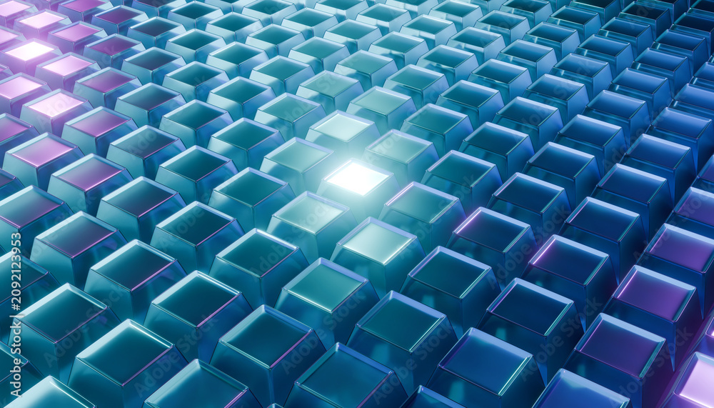 Obraz premium Shiny blue cubes create mesmerizing pattern, reflecting light and creating depth in digital landscape