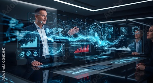 Businessman presenting innovative data analysis using advanced holographic technology in a futuristic corporate meeting room, showcasing AI-driven insights and digital transformation.