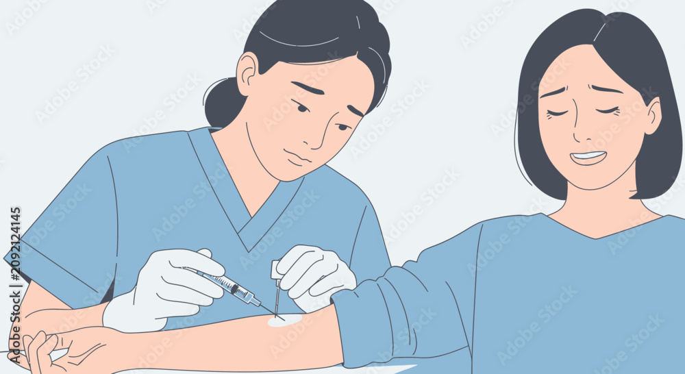 Fototapeta premium Nurse administers injection to worried patient in clinic room