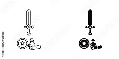 Tableau sur toile Fantasy adventure quest items with sword star coin and potion vector icons