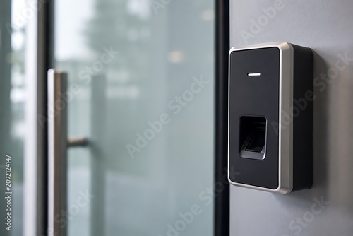 A modern fingerprint scanner security device mounted on a wall next to a glass door with a handle.