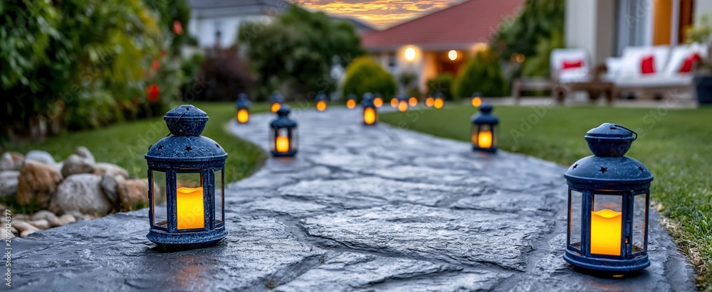 Naklejka premium A cozy suburban backyard with glowing lanterns lining a curved stone path, creating an inviting sunset ambiance.