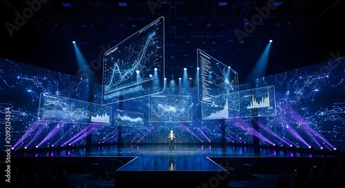 Futuristic stage presentation with a speaker on a vibrant, illuminated stage, surrounded by multiple large screens displaying complex data visualizations, financial graphs, and digital interfaces,