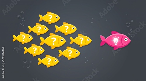 One Fish With Lightbulb Idea Leading School of Question Mark Fish