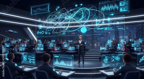 Futuristic control room with scientists analyzing complex data on holographic screens, advanced technology, and global network connections