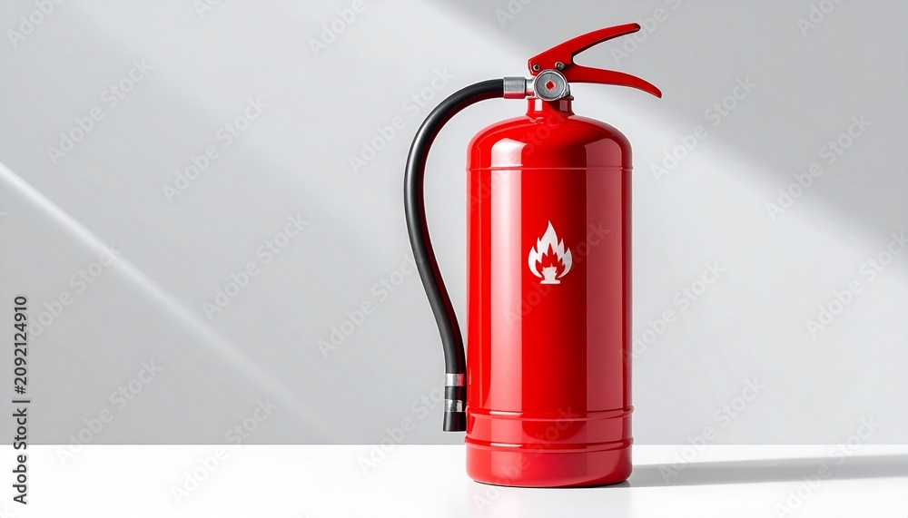 Obraz premium Red fire extinguisher with safety symbol on white background