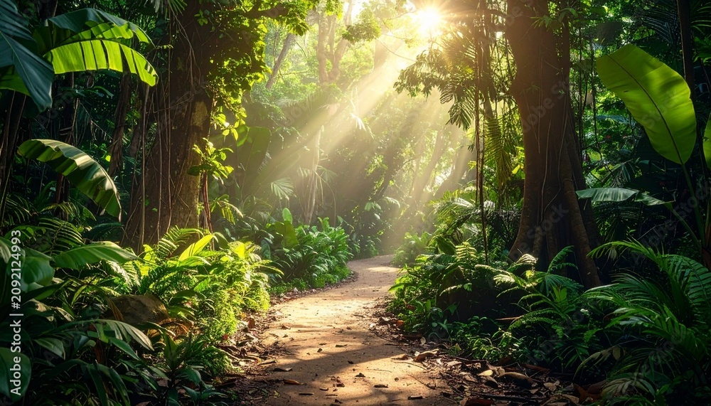 Fototapeta premium Sunlight filtering through lush green jungle pathway with dense foliage and natural illumination