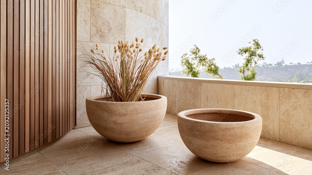 Fototapeta premium Warm neutral balcony with curved planter bowls and dried ornamental grasses