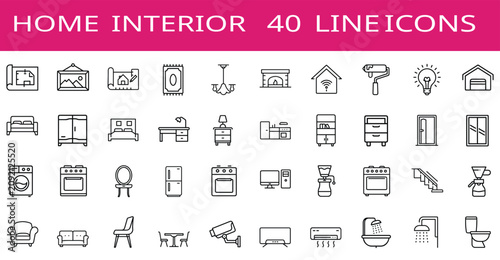 Quadro su tela Appliance household and furniture line icons set featuring home armchair, living room sofa, kitchen refrigerator, double bed & more vector illustration with editable stroke