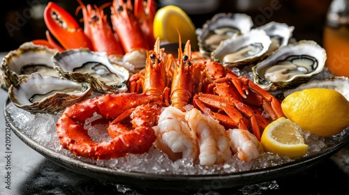 Fresh seafood platter with oysters, shrimp, crab, and lobster on ice.